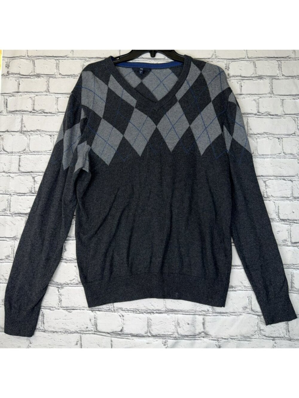GAP Blue Argyle Grey Knitted Sweater Men's Large Preppy Academia Long Sleeve Y2K
